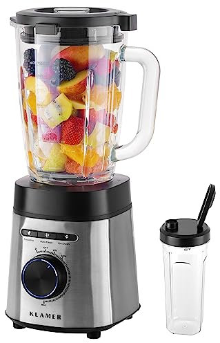KLAMER Standmixer, 1,75 L Glasbehälter, Elektrischer Mixer mit 1400 Watt, Smoothie Maker mit 22.000 U/Min, 3 Programme und 6 Klingen, inklusive Trinkflasche, BPA frei