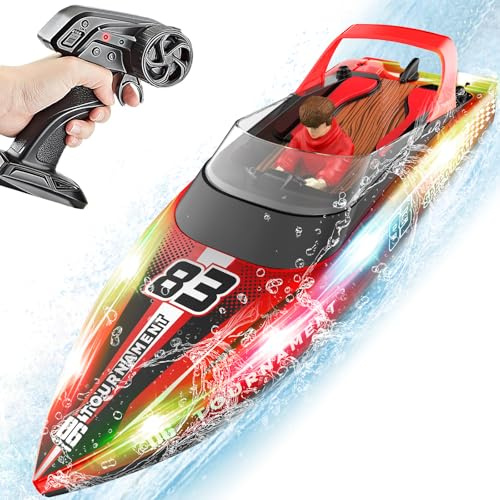 Toileum RC Boat for Adults with LED Lights, 40+ Mins, Self-Righting Waterproof Remote Control Boat Toys for Pools, Lakes, Bathtubs, Summer Water Toys for Kids, Radio Controlled Watercraft (Red)