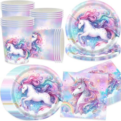 pekifaves Set Stoviglie Unicorno Compleanno per 16 ospiti, Piatti, Tovaglioli, Tazze, arcobaleno, piatti di carta per il compleanno dei bambini, per ragazze Festa Bimba