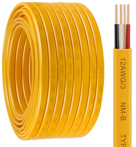 YDDECW 12/3 NM-B Wire with Ground - 100FT Non-Metallic Sheathed Cable Pure Copper 12 AWG 3 Conductor Residential Indoor Wire for Outlets, Switches and Other Loads etc. (Yellow)