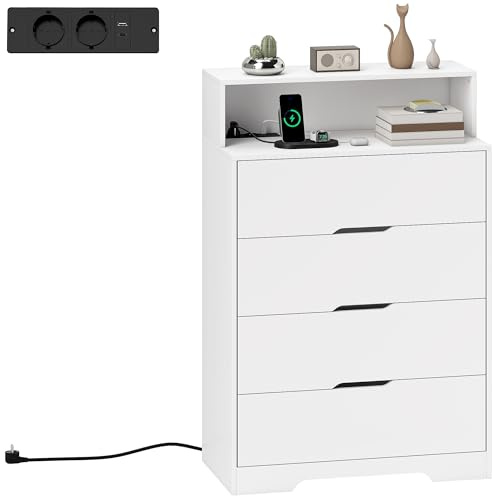 HOMCOM Cómoda de 4 Cajones con Estación de Carga, Cajonera para Dormitorio con Puerto USB, Puerto USB-C, Estante Abierto, 80x40x120 cm, Blanco