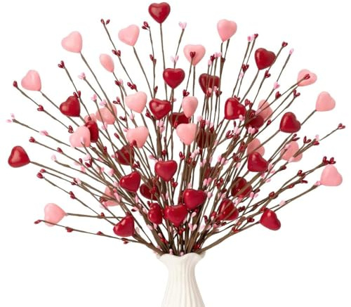 Sousi Decorazione artificiale per San Valentino, con rami di bacche, 6 pezzi, a forma di cuore rosso, per matrimoni e casa, fatti a mano, altezza 19 cm, fiori di seta per interni