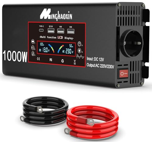 Wechselrichter 12v Auf 230v 1000W Spannungswandler Reiner Sinus Power Inverter DC Umwandler Mit Eu-Steckdosen 3 USB-Anschlüsse Für Haushaltsgeräten KFZ Konverter(Spitzenleistung 2000 Watt)