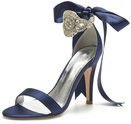 EICOFF Zapatos de Novia con Perlas Cristal Mujer Sandalias de Fiesta con Tacón Alto de Aguja Punta Abierta Zapatos de Boda Fiesta Vestido,Dark Blue,36 EU