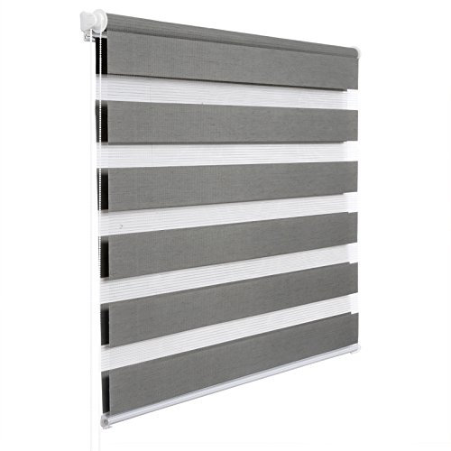 WOLTU Doppelrollo Klemmfix ohne Bohren Holzlook Grau B110 x H150 cm, Duo Rollo lichtdurchlässig Fensterrollo für innen verdunkelnd, Zebrarollo mit Kettenzug - Seitenzugrollo für Fenster und Tür