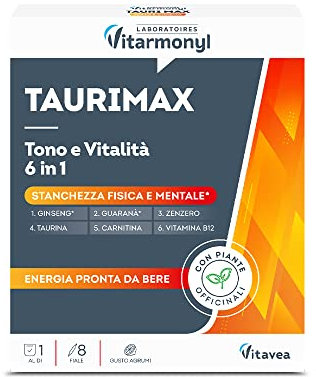 VITARMONYL - TAURIMAX - Integratore alimentare Contro la stanchezza fisica e mentale - Con ginseng, guaranà, zenzero, vitamina B12 e taurina - Confezione da 8 fiale - 80 ml