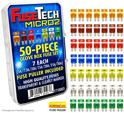 FuseTech Micro2 APT ATR 50 Piece Automotive Car Fuse Assortment Glove Box Set (49 Micro 2 Blade Fuses + Fuse Puller) 5A 7.5A 10A 15A 20A 25A 30A