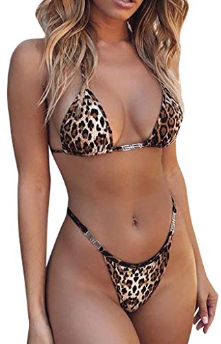 Maillot de Bain Femme 2 Pièces Sexy String Bikini Push Up Léopard L
