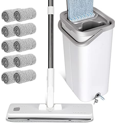 Serpillière et Seau Essoreur, Masthome Balai Serpillère Microfibre avec 5 Tampons, Balai Plat Rotatif 360° Serpillère Essoreur pour Nettoyage de Sol