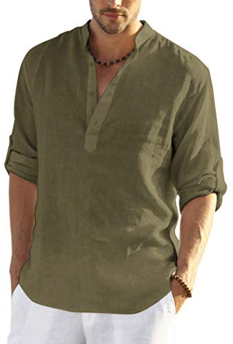 COOFANDY Herr bomull linne Henley skjorta casual hippie strand långärmad t-shirts, Armégrön, L