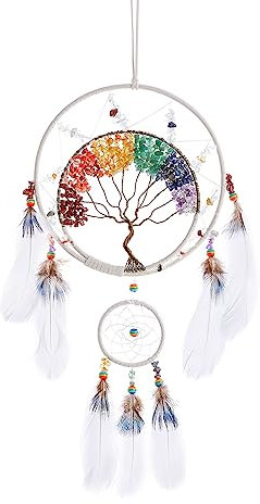 7 Chakra Albero della Vita Cacciatore di sogni Decorazione da parete con arcobaleno di cristallo di guarigione pietra fatta a mano piuma bianco DreamCatchers per camera da letto benedizione regalo di