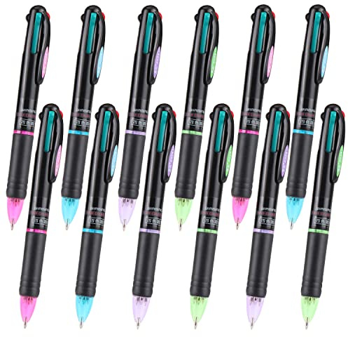 JSMTKJ Paquete de 12 bolígrafos retráctiles de 4 colores de 0,7 mm, tinta negra, azul, roja y verde, 4 colores para suministros escolares, oficina, estudiantes