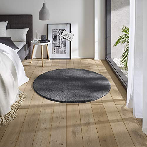 TacaHome Waschbarer Kurzflor Teppich Anti-Rutsch I Flauschiger Flachflor für Badezimmer Wohnzimmer Schlafzimmer Kinderzimmer Flur Läufer | 120 cm rund Anthrazit