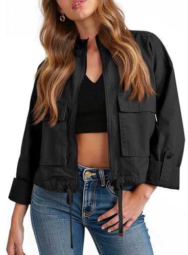 Tankaneo Women Casual Cropped Jackets Zip Up Lightweight Military Safari Short Utility Coat with Pockets
