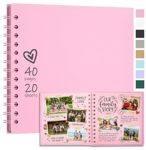 Vienrose Självhäftande fotoalbum 18 x 18 cm, scrapbook, gör-det-själv-inklistring för fotoalbum med 40 sidor, inbundet kraftpapper, spiralalbum som present till bröllop, födelsedag, årsdag, rosa