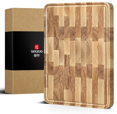 XINZUO Bois de Frêne en Planche à Découper- Tranchoir Planchette de Cuisine Professionnelle- Fabriquée à la Main en Bois End Grain- avec Pieds Antidérapants, Poignées Latérales et Rainure pour le Jus