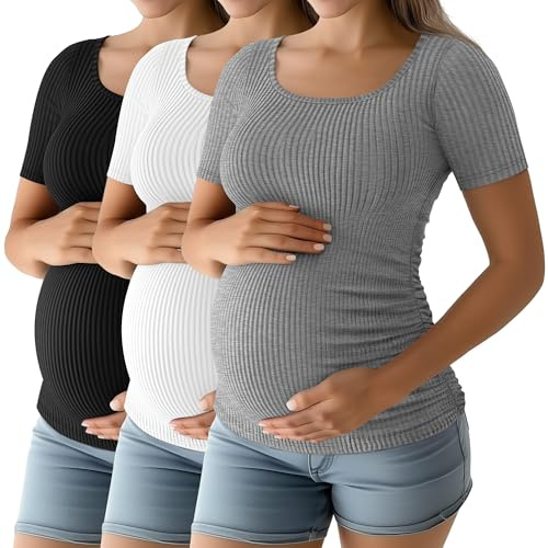 Riyiper 3 Pack Women's Maternity Cotton Ribbed Tops Scoop Neck Short Sleeve Pregnancy T-Shirts Side Ruched Mama Clothes, Light Gray, White, Black, M