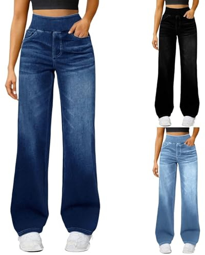 Wide Leg Jeans for Women High Waisted Stretchy Pull On Tummy Control Straight Leg Denim Pants with Pockets