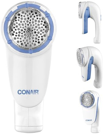 Conair Quitapelusas, Rasuradora de Tela a Pilas para Ropa y Tejidos, Mango Ergonómico, Cabezal Grande, Blanco/Azul, CLS1XE