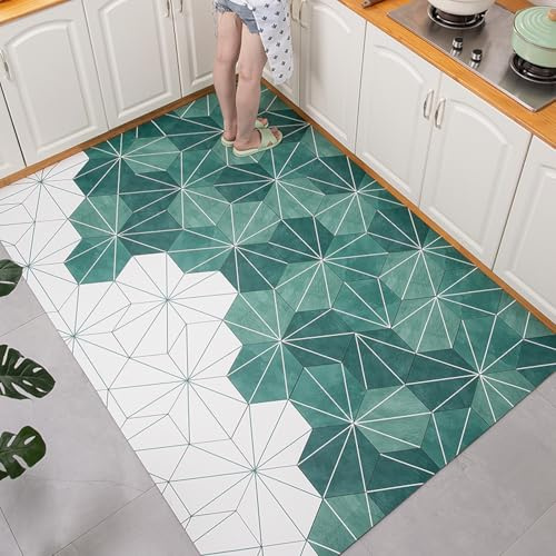 Alfombra Cocina 50X80Cm+50X160Cm Verde Blanca Modernas Lavables Alfombras De Cocina Antideslizantes, Antiincrustante, Duradero,Anti Fatiga para Salón, Dormitorio,Baño, Pasillo