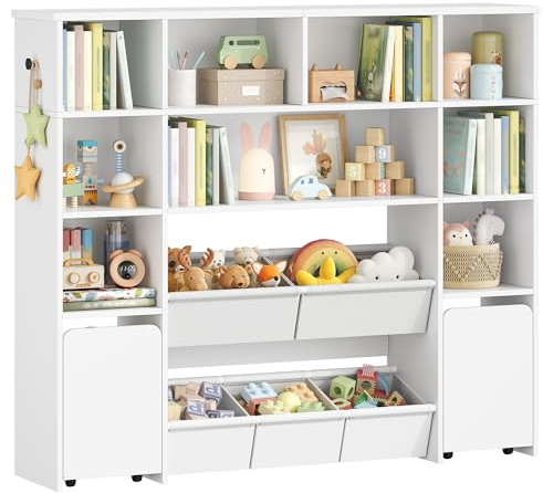Hzuaneri Kinderregal mit 2 rollbarer Aufbewahrungsbox, 4-stöckiges Bücherregal Kinder, Kinderbücherregal, Spielzeugregal, Bücherregal für Kinderzimmer, Wohnzimmer Weiß, 30 x 140 x 120 cm KB75203W