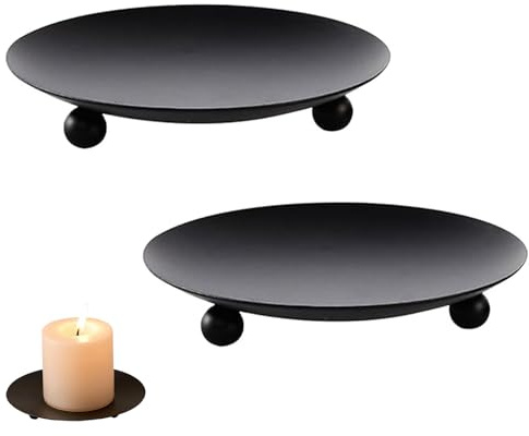 2 Pcs Black Traditional Pillar Candles Dishes, Round Pillar Candle Holder