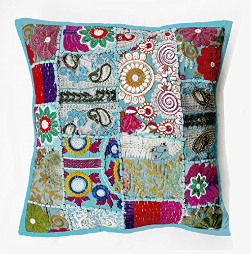 Rastogi Handicrafts Funda de cojín bordada tradicional india de 40 x 40 cm, algodón vibrante, cojín decorativo (azul cielo)