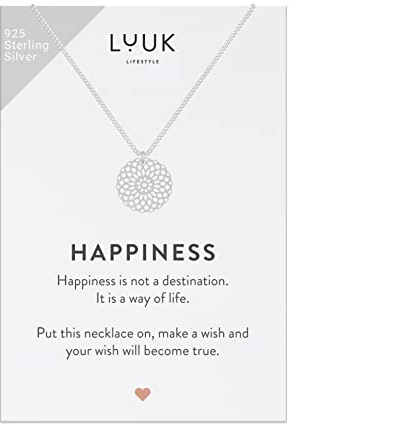 LUUK LIFESTYLE Halsband i 925 Sterling Silver med mandalablommahänge och ett inspirerande HAPPINESS-kort, lyckoamulett, vänskapsgåva, damsmycken, silver