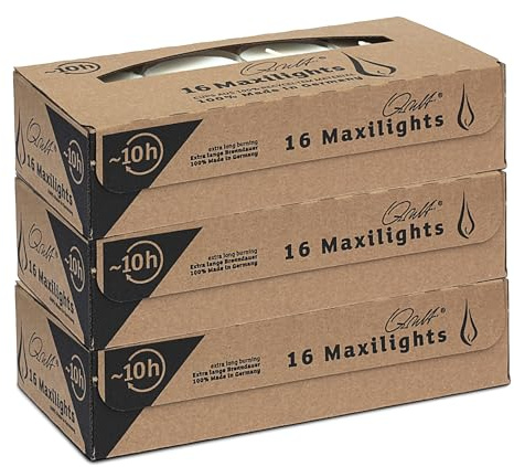 Qult Farluce(TM) Maxilights blanco Velas de té en funda de plástico y calidad premium, sin hollín, duración de aproximadamente 10 horas de combustión, paquete grande, paquete de ahorro, sin