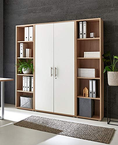 Schrankwand TABOR 3 Büroregal Aktenschrank Büroschrank abschließbar in diversen Farbvarianten (Sonoma Eiche/weiß matt)