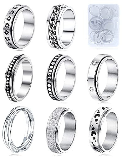 Fidget ringar för ångest 8 st spinnring i rostfritt stål anti-ångestring snurrande måne stjärna cool stressavlastande ringar för kvinnor män, 7 UK, Rostfritt stål, Kubisk zirkonia