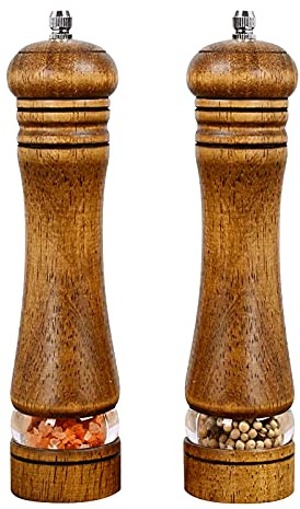 Haomacro Pepper Grinder, Wood Salt and Pepper Mills Set, Classic Manual Spice Grinder Refillable Salt Mill Sets with Acrylic Visible Window Adjustable Ceramic Grinding Rotor 8 inch 2 Pack