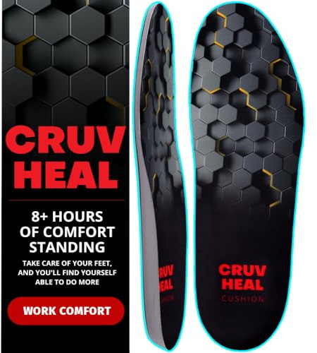 CRUVHEAL Work Comfort Orthotic Insoles - Anti Fatigue Shoe Insert Men Women - Low Arch Support - Shock Absorption - Foot Pain Relief - Work Boot Insoles (M, Black)
