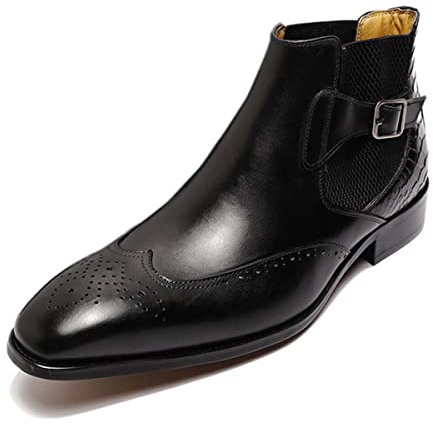Jofeat Hommes Cuir Véritable Bottes Formelles Chelsea 503-C106 Bottines à Bout Pointu avec Boucle