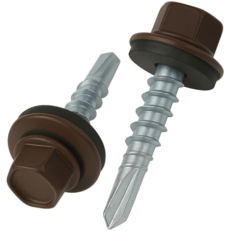 4.8 mm x 25 mm Takskruvar, Sexkantshuvud Självborrande Flerfärgad (RAL 8017 Chocolate Brown) Skruvar med EPDM-förseglad Bricka, Rostsäker Zinkpläterad Härdad Grov Gänga Skruv (50 stycken)