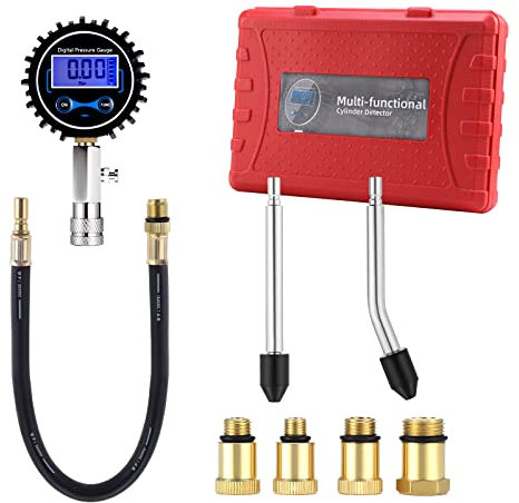 eROOSY Kompressionstester, Auto Kompressionstester, Kompressionsprüfer Benzin, Digital Kompressionsprüfer mit Adapter & Schlauch (Rot)