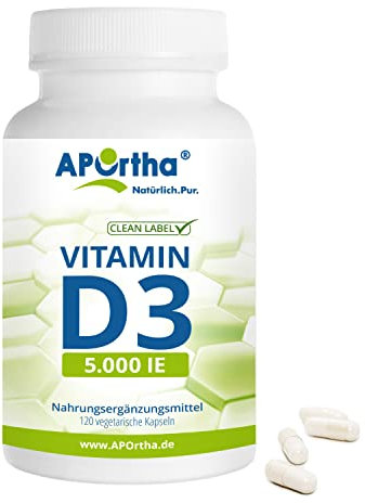 APOrtha® Vitamin D3 5.000 I.E, 120 vegetarische Kapseln hochdosiert, natürliches Vitamin D3 (Cholecalciferol) aus Lanolin,Vitamin D 3, vegetarisch, glutenfrei, laktosefrei, allergenfrei