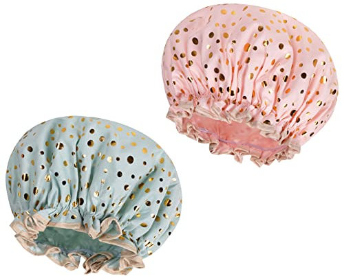 AOOWU Shower Caps, 2 Pack Waterproof Bath Caps Large Reusable Shower Hats, Elastic Band Double Layers Hair Bath Caps with Soft Ruffled Edge for Women Girls Ladies Spa Salon Home Use