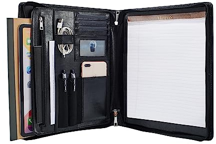 Dokumentenmappe A4 Leder, Vegane Ledermappe Konferenzmappe a4, Schreibmappe a4 Leder, Aktenmappe mit Reißverschluss für Lebenslauf/Interview (Schwarz, Standard)