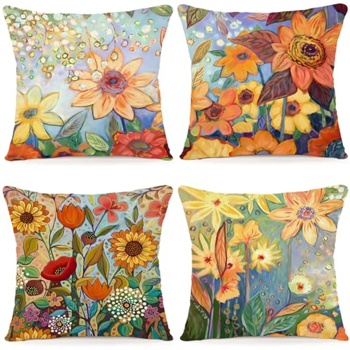 ZWJD Fodera per Cuscino Decorativa in Lino 45x45 Set di 4 Fodere per Cuscini Floreale Pittura ad Acquerello Fodere per Cuscini per Divano Camera da Letto Divano Cuscino per Esterno 45x45 A201-18