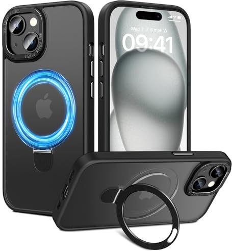 HWeggo für iPhone 15 Hülle Magnetisch,Kompatibel mit Magsafe,Durchscheinende Matt rutschfeste Handyhülle mit Unsichtbar Ständer,Militärische Stoßfeste Schutzhülle(Schwarz)