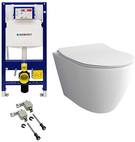 Alpenberger WC mural sans bord avec abattant de WC avec système d'abaissement automatique | Ensemble de salle de bain avec réservoir de chasse et kit | Élément mural complet | Compatible Geberit