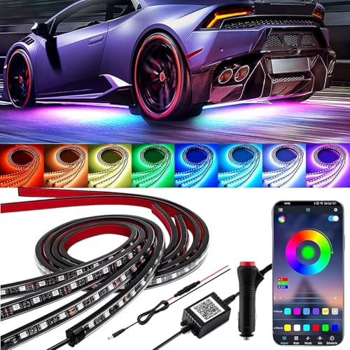 YUGUANG Kit de 4 Luces Underglow para Coche, Control por APP Multicolor Kit de Luces Underglow Sincronización Musical Tiras de Luz RGB Underbody Impermeables para Coches Camiones SUVs.