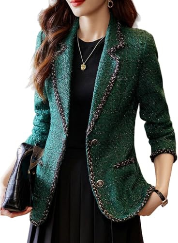 Mujer Primavera Verano Otoño Moda Versátil Negocios Blazer Cómodo Casual Solapa Color Colisión Tweed Chaqueta de Manga Larga (Verde,XXL)