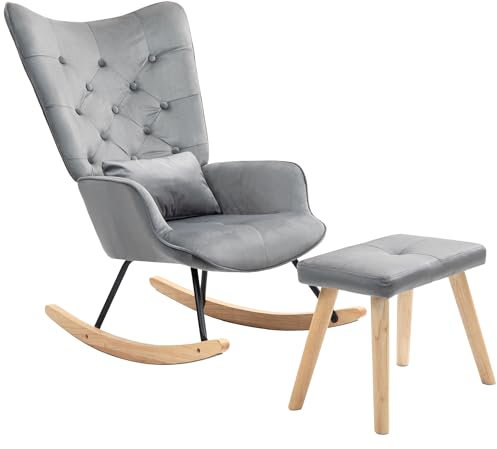 HOMCOM Schaukelstuhl mit Hocker, Schaukelsessel mit Kissen, Holzbeine, Samtoptik, Relaxsessel für Wohnzimmer, Schlafzimmer, Dunkelgrau, 66 x 96 x 101 cm