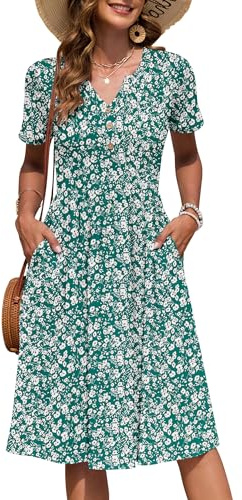 AUSELILY Robe Femme d'été à Manches Courtes Longueur Genou Col en V avec Boutons Robes Mi-Longue Style Empire avec Poches Petites Fleurs Verte L