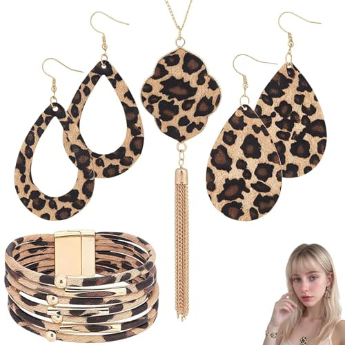 4 Pièces Jeux de Bijoux Femme Motif Léopard, Boucles d'Oreilles Motif Léopard Moderne et Élégant | Accessoires Léoprint, Bijoux de Noël pour Femmes, Collier Boucles d'Oreilles Bracelet Multicouche