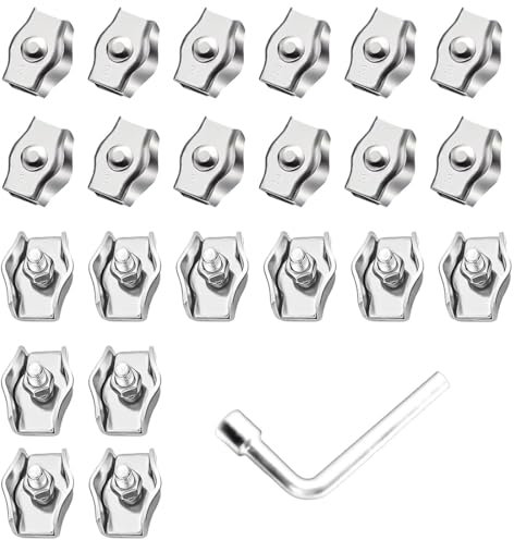 Abrazaderas para cables de acero de 3 mm (24 unidades) - Abrazadera simple duradera para cables de acero, M3, de acero inoxidable 304, tensor de tendedero, toldo fijo con llave de 7 mm