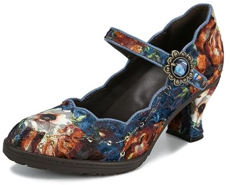 SOCOFY Kvinnor Läder Mary Jane-skor Färgglada Läder Oxfordskor Vintage Läderpumpar Dam Färgglada lappord blockklack Pumpar Mid Kattunge Hälpumps Skor Ankelrem Bröllopsklänning Kväll Festskor, BLÅ