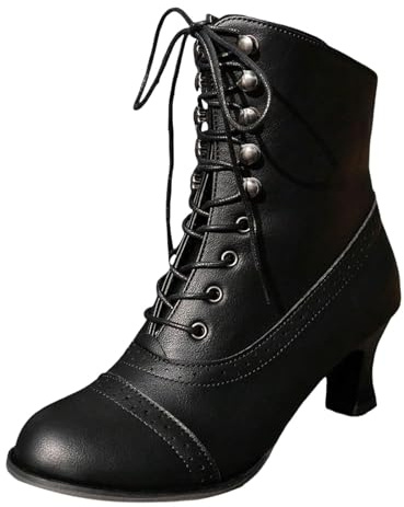 Victorian Boots for Women Uk Lace up Victorian Style Boots Gothic Black Ankle Boot Women Fashion Retro Side Zipper High Shoes Block Heel Pointed Toe Ankle Booties Heeled Boot Platform Leather Shoes